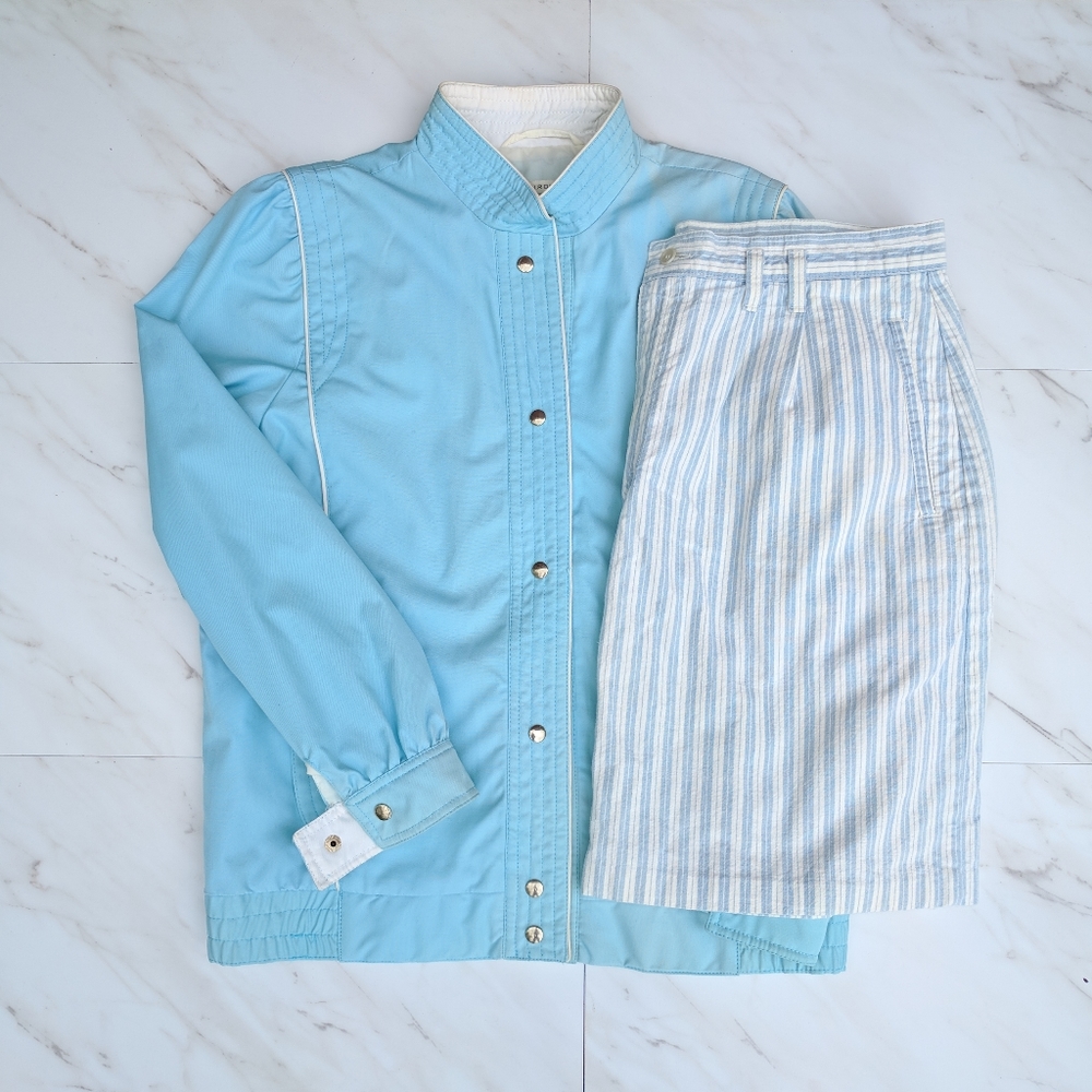 Vintage 90s Lands' End Blue White Striped Midi Skirt Preppy Coastal Classic